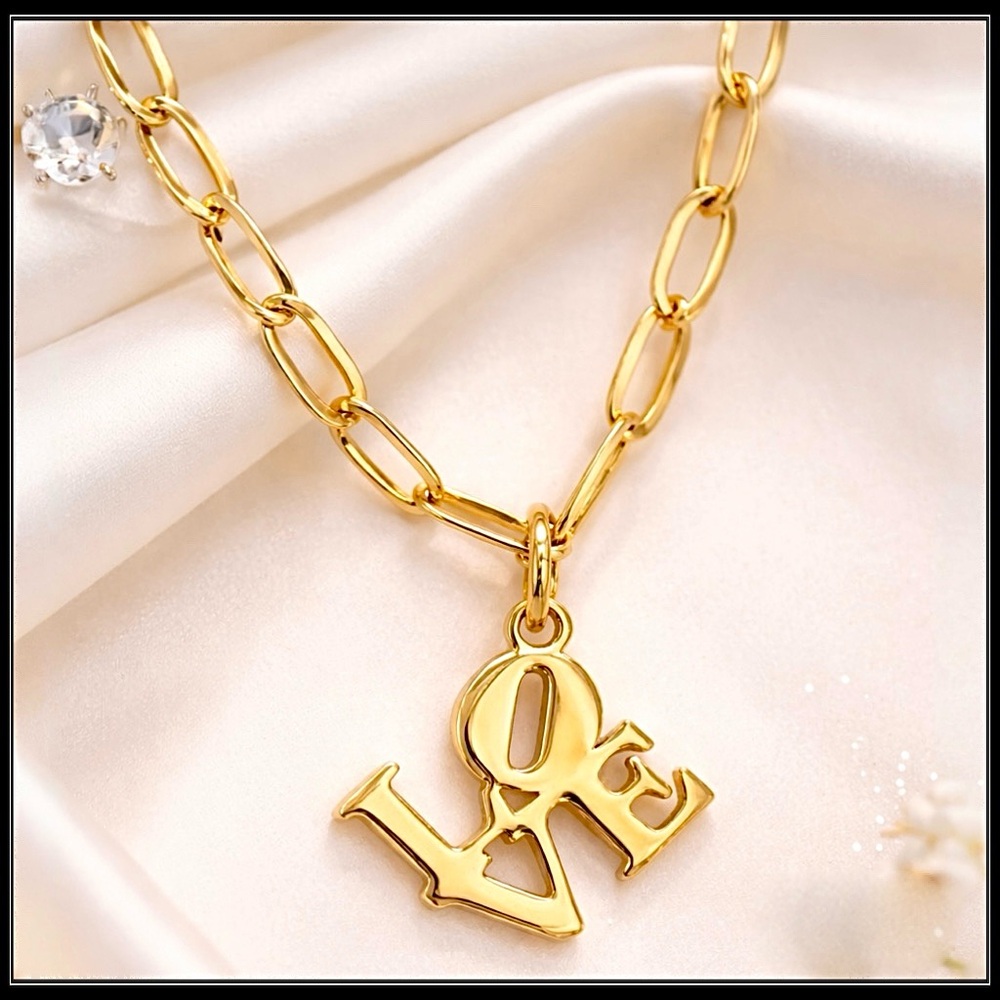 New Gold Steel Love Sign Paperclip Chain Pendant Necklace